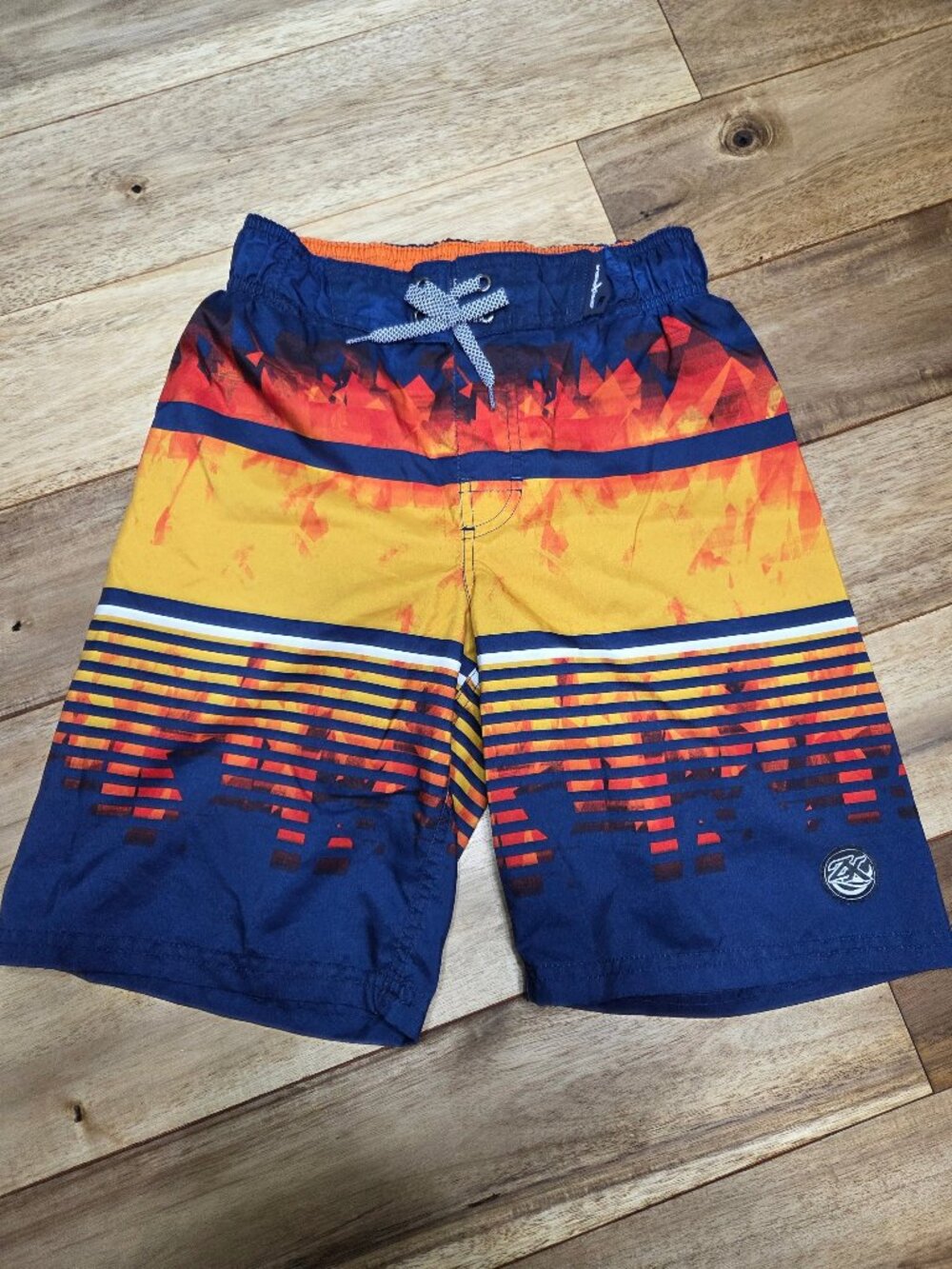Boys Swim Shorts Orange Yellow Navy Blue Geometric Pattern Elastic Waist Drawstr
